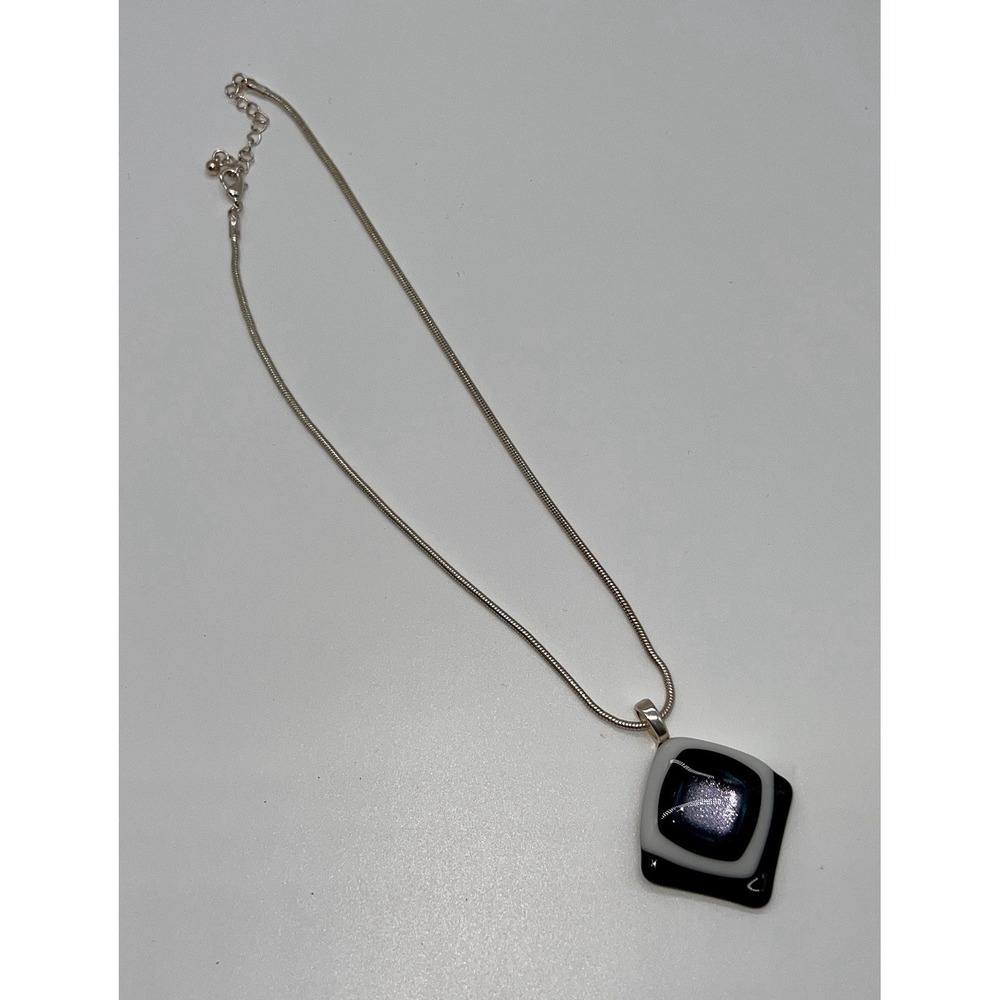 Artisan Fused Glass Black White Iridescent Dichroic Pendant Necklace